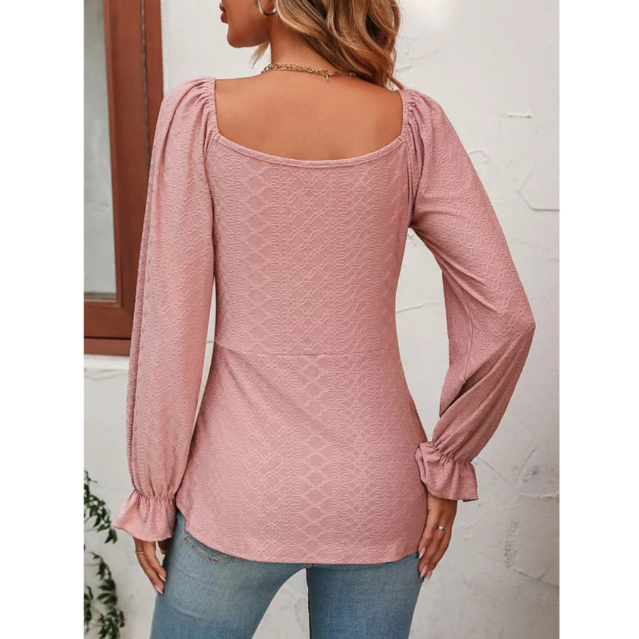 Full Size Drawstring Ruffled V-Neck Long Sleeve Blouse Apparel and Accessories