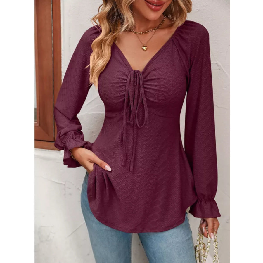 Full Size Drawstring Ruffled V-Neck Long Sleeve Blouse Apparel and Accessories