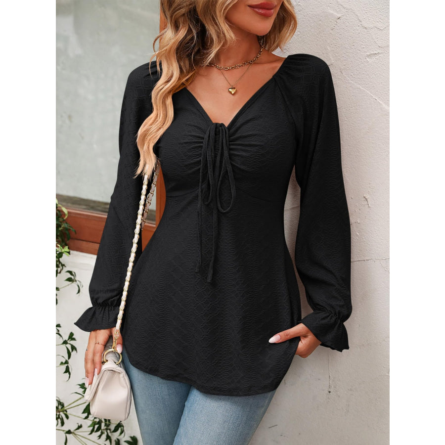 Full Size Drawstring Ruffled V-Neck Long Sleeve Blouse Apparel and Accessories