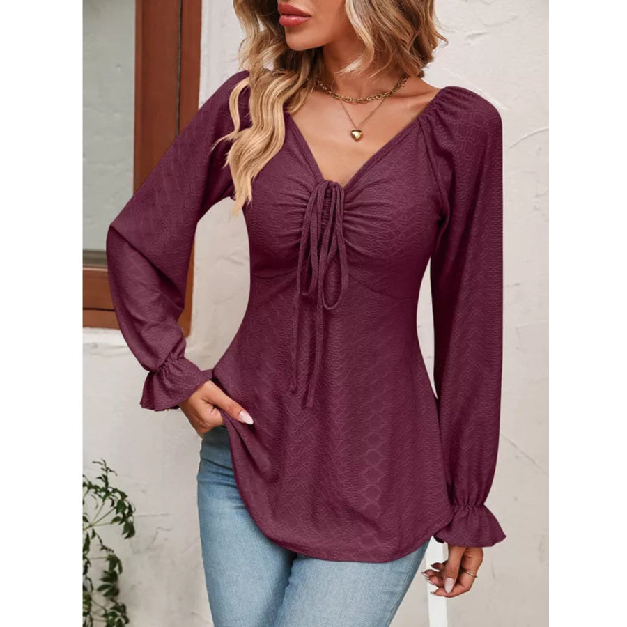 Full Size Drawstring Ruffled V-Neck Long Sleeve Blouse Apparel and Accessories