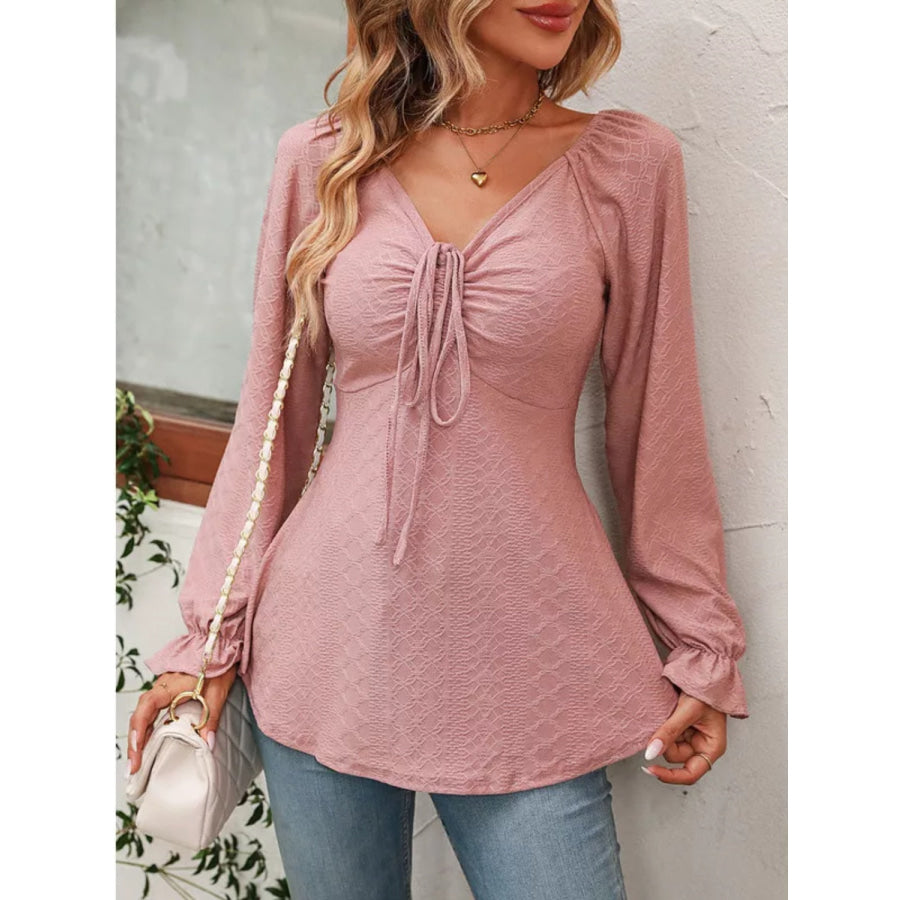 Full Size Drawstring Ruffled V-Neck Long Sleeve Blouse Apparel and Accessories