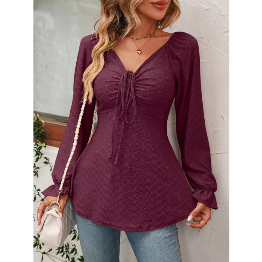 Full Size Drawstring Ruffled V-Neck Long Sleeve Blouse Apparel and Accessories