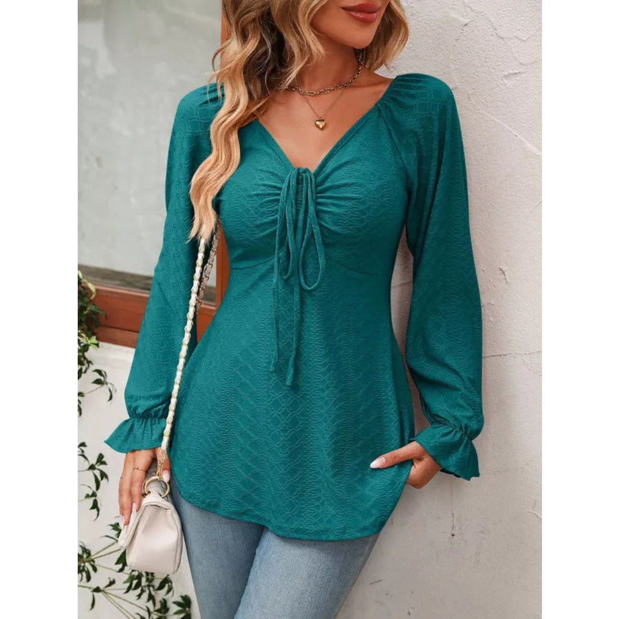 Full Size Drawstring Ruffled V-Neck Long Sleeve Blouse Apparel and Accessories