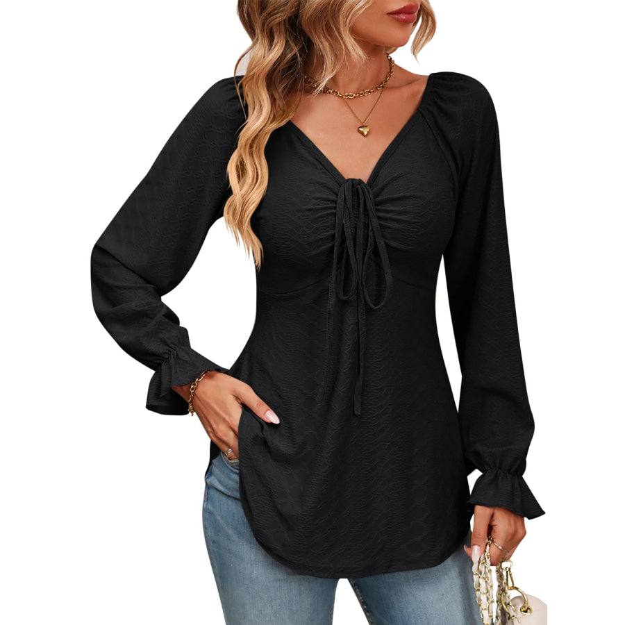 Full Size Drawstring Ruffled V-Neck Long Sleeve Blouse Apparel and Accessories