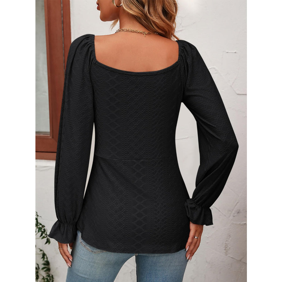 Full Size Drawstring Ruffled V-Neck Long Sleeve Blouse Black / S Apparel and Accessories