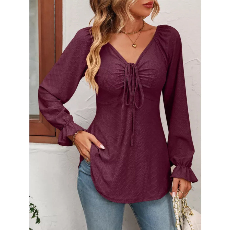 Full Size Drawstring Ruffled V-Neck Long Sleeve Blouse Burgundy / S Apparel and Accessories