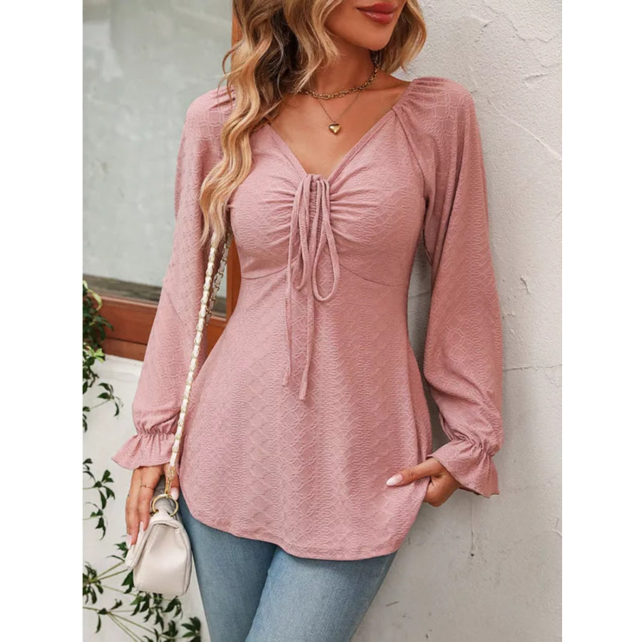 Full Size Drawstring Ruffled V-Neck Long Sleeve Blouse Dusty Pink / S Apparel and Accessories