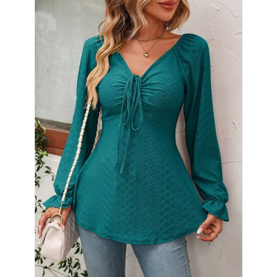 Full Size Drawstring Ruffled V-Neck Long Sleeve Blouse French Blue / S Apparel and Accessories