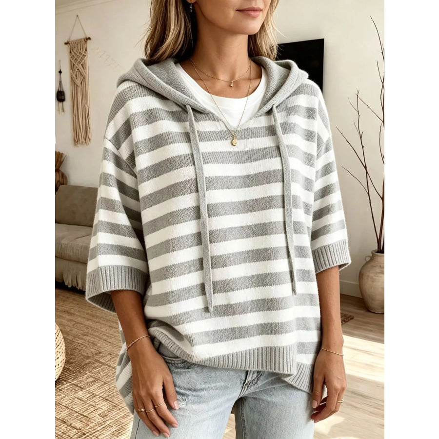 Full Size Drawstring Striped Hooded Sweater Plus Size Gray / S Apparel and Accessories
