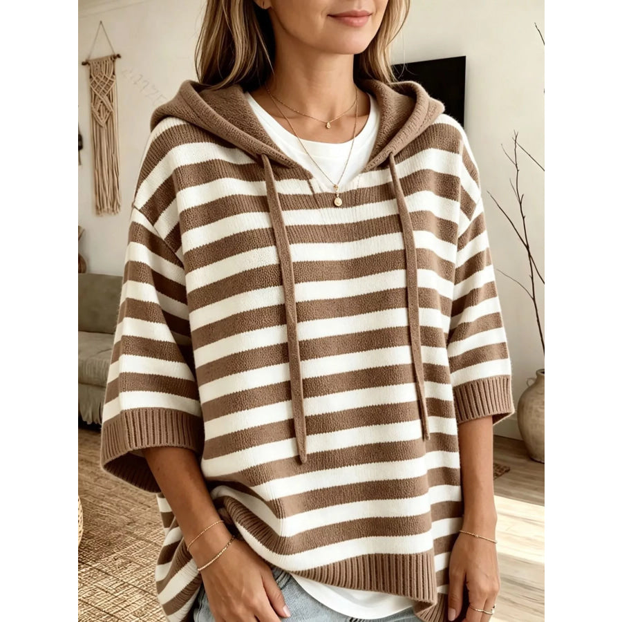 Full Size Drawstring Striped Hooded Sweater Plus Size Khaki / S Apparel and Accessories