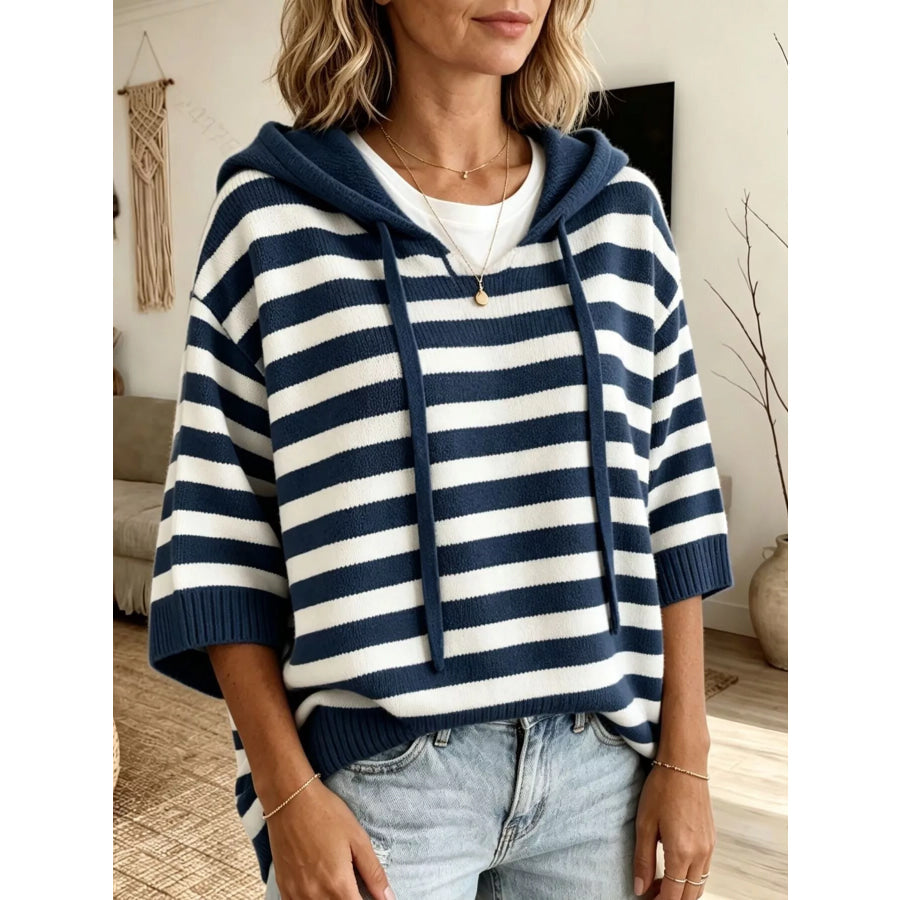 Full Size Drawstring Striped Hooded Sweater Plus Size Navy / S Apparel and Accessories