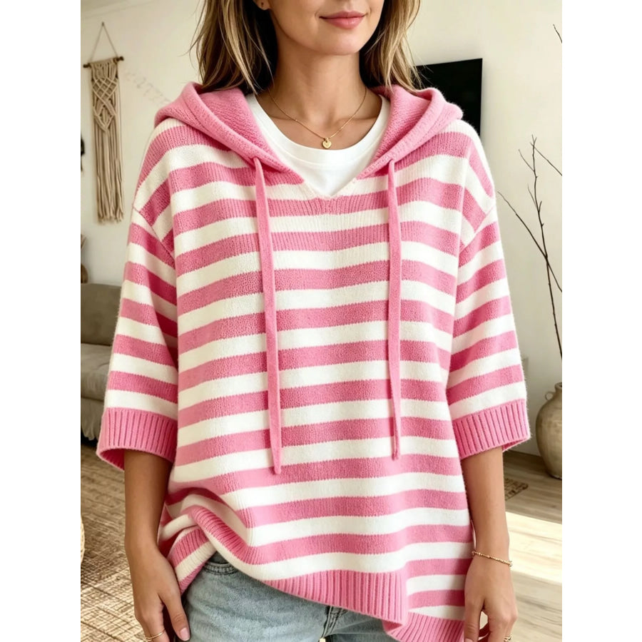 Full Size Drawstring Striped Hooded Sweater Plus Size Pink / S Apparel and Accessories