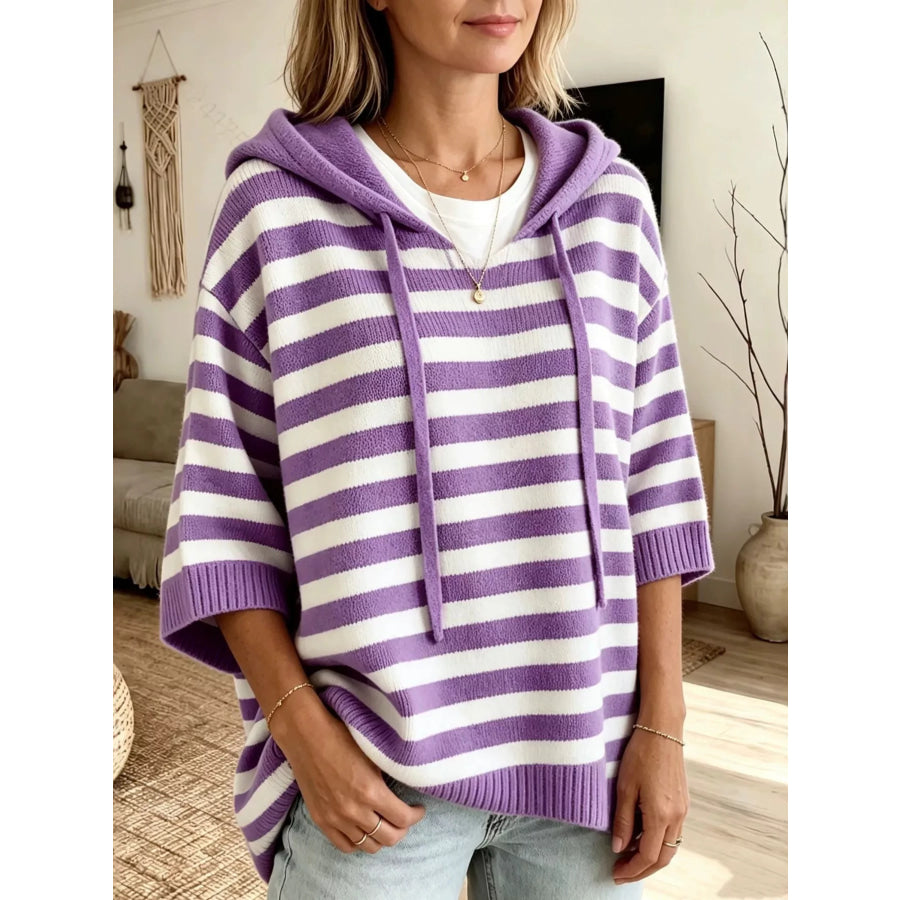Full Size Drawstring Striped Hooded Sweater Plus Size Purple / S Apparel and Accessories