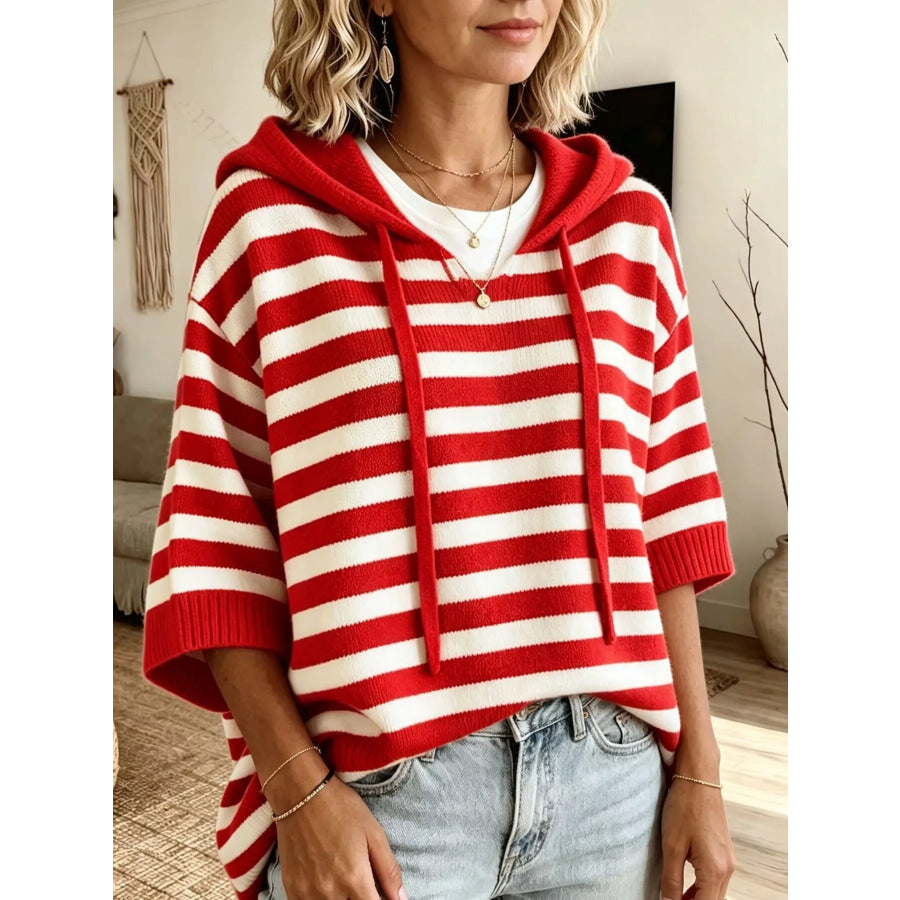 Full Size Drawstring Striped Hooded Sweater Plus Size Red / S Apparel and Accessories