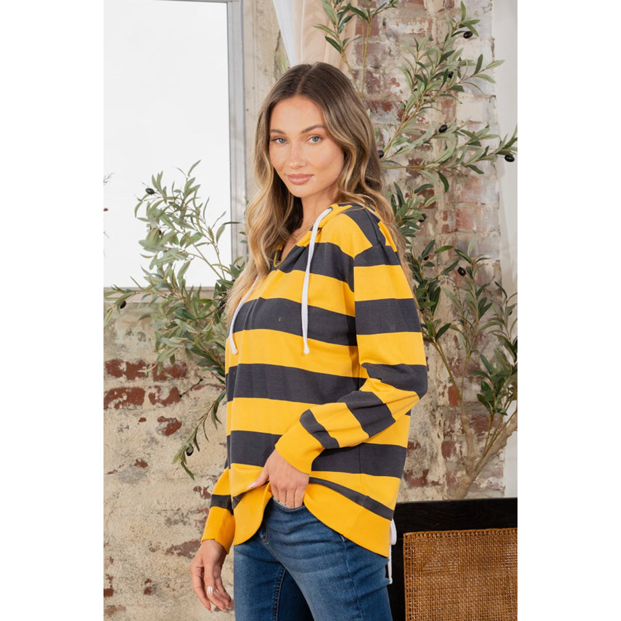 Full Size Drawstring Striped Long Sleeve Hoodie Apparel and Accessories