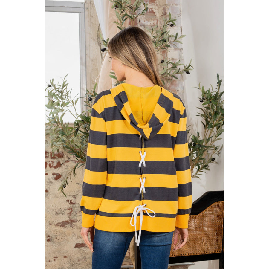 Full Size Drawstring Striped Long Sleeve Hoodie Apparel and Accessories