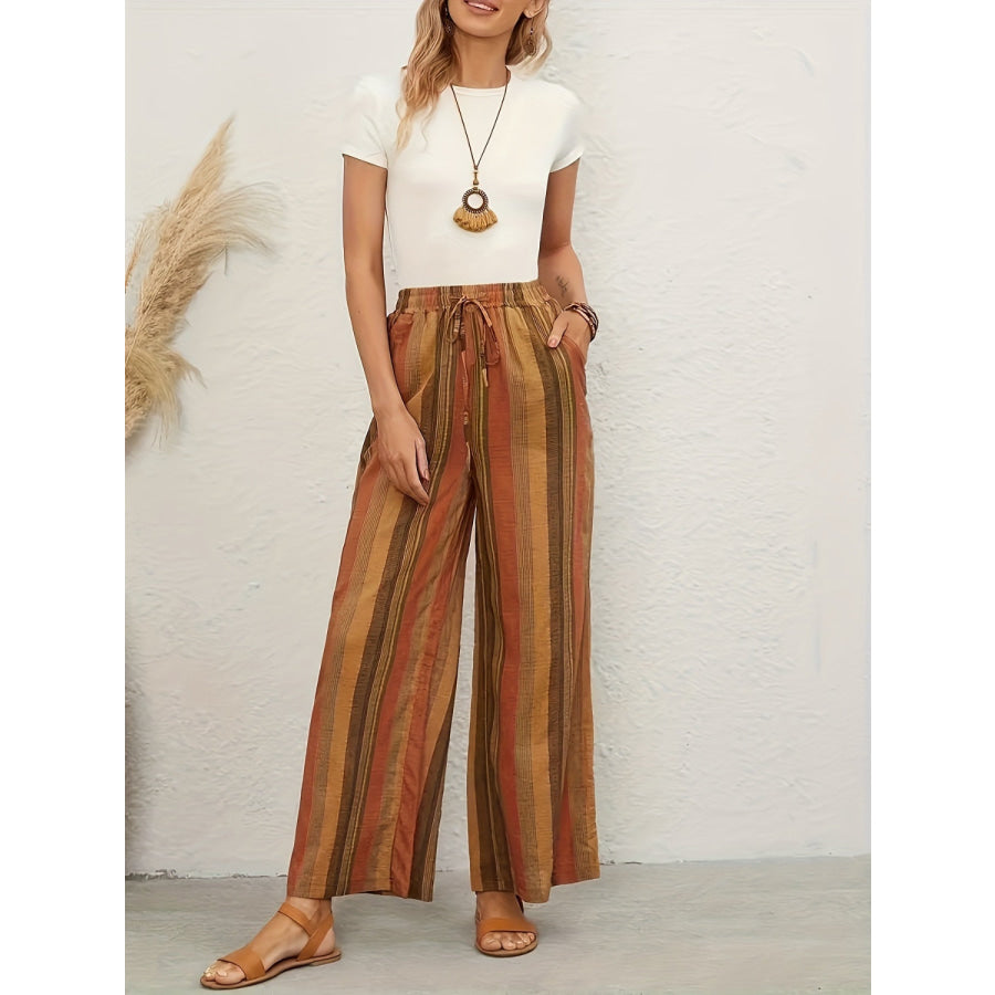Full Size Drawstring Striped Wide Leg Pants Apparel and Accessories