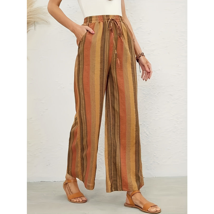 Full Size Drawstring Striped Wide Leg Pants Mustard / S Apparel and Accessories