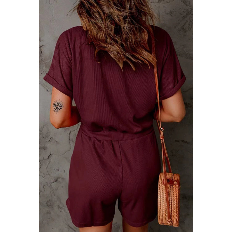 Full Size Drawstring V-Neck Short Sleeve Romper Apparel and Accessories