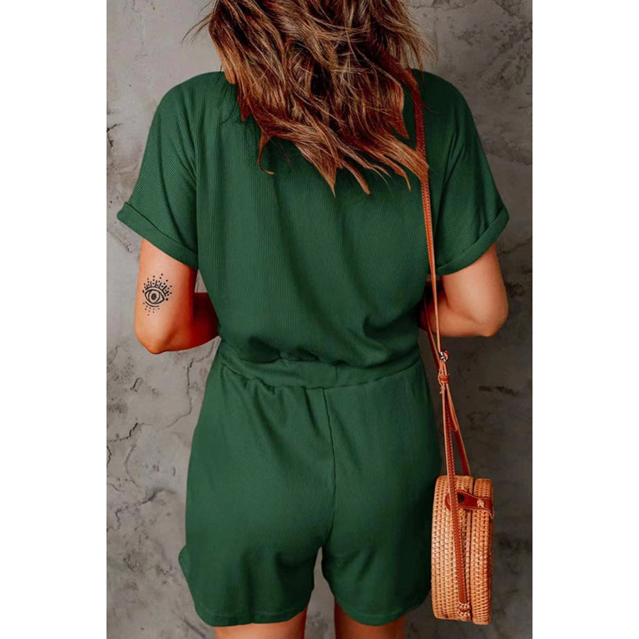 Full Size Drawstring V-Neck Short Sleeve Romper Apparel and Accessories
