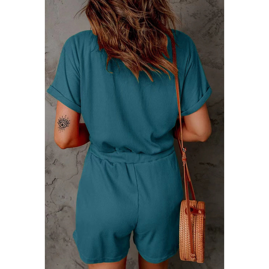 Full Size Drawstring V-Neck Short Sleeve Romper Apparel and Accessories