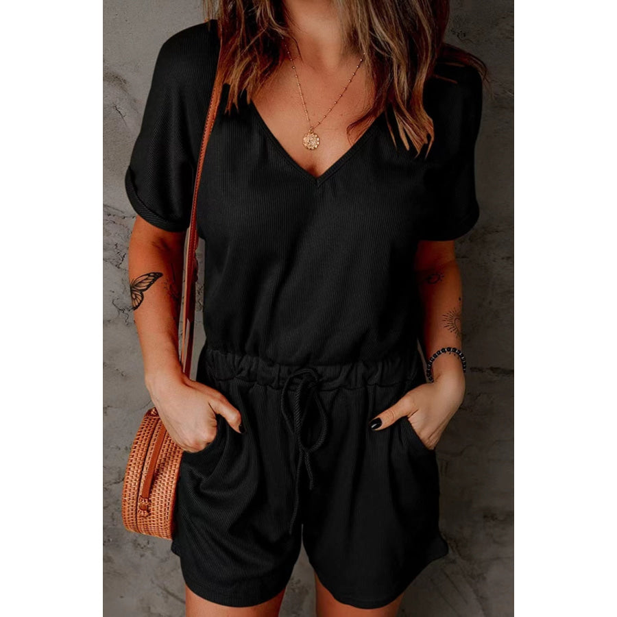 Full Size Drawstring V-Neck Short Sleeve Romper Black / S Apparel and Accessories