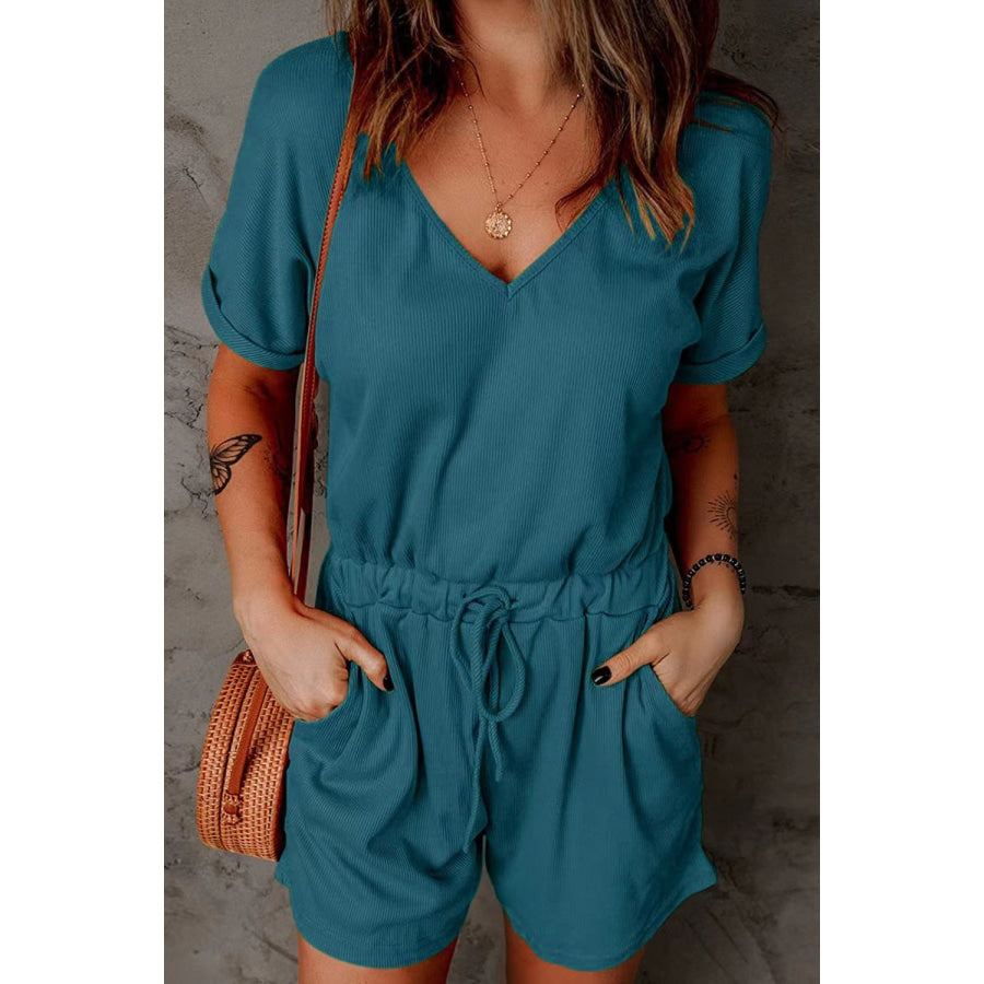Full Size Drawstring V-Neck Short Sleeve Romper Deep Teal / S Apparel and Accessories