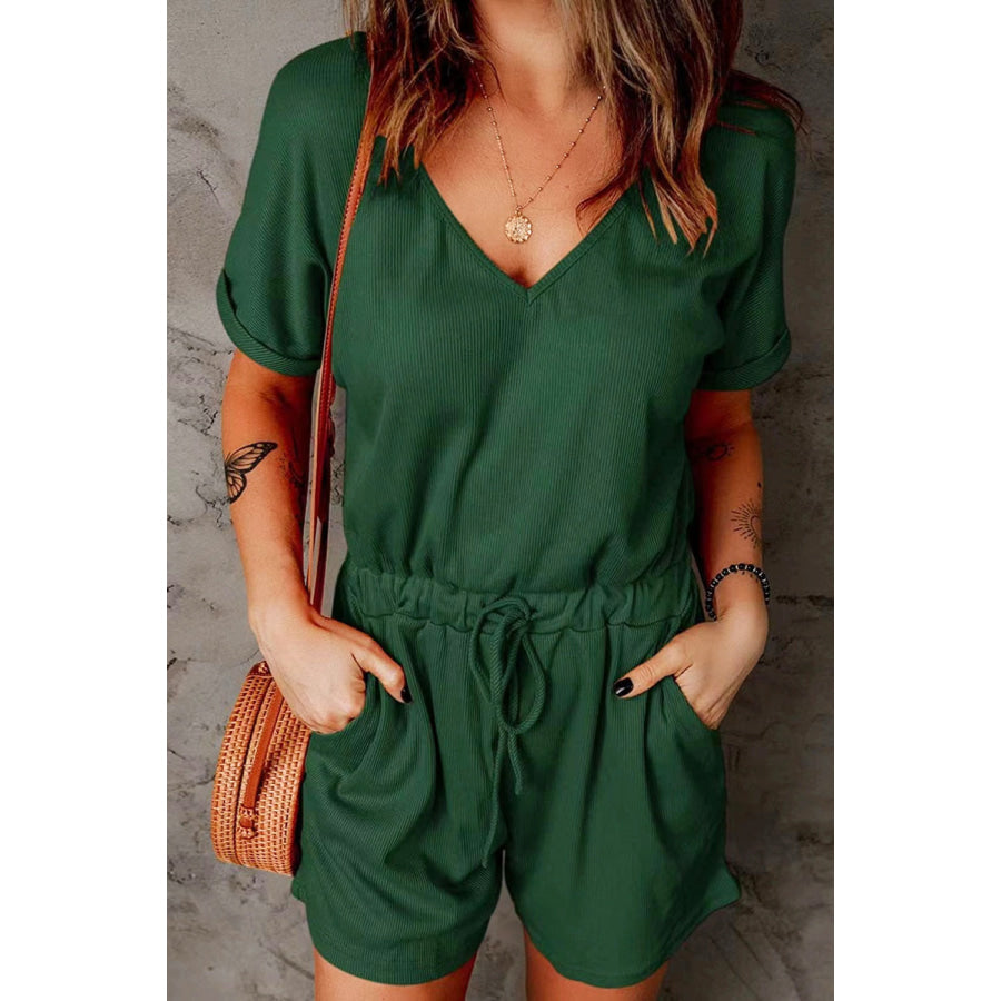 Full Size Drawstring V-Neck Short Sleeve Romper Green / S Apparel and Accessories