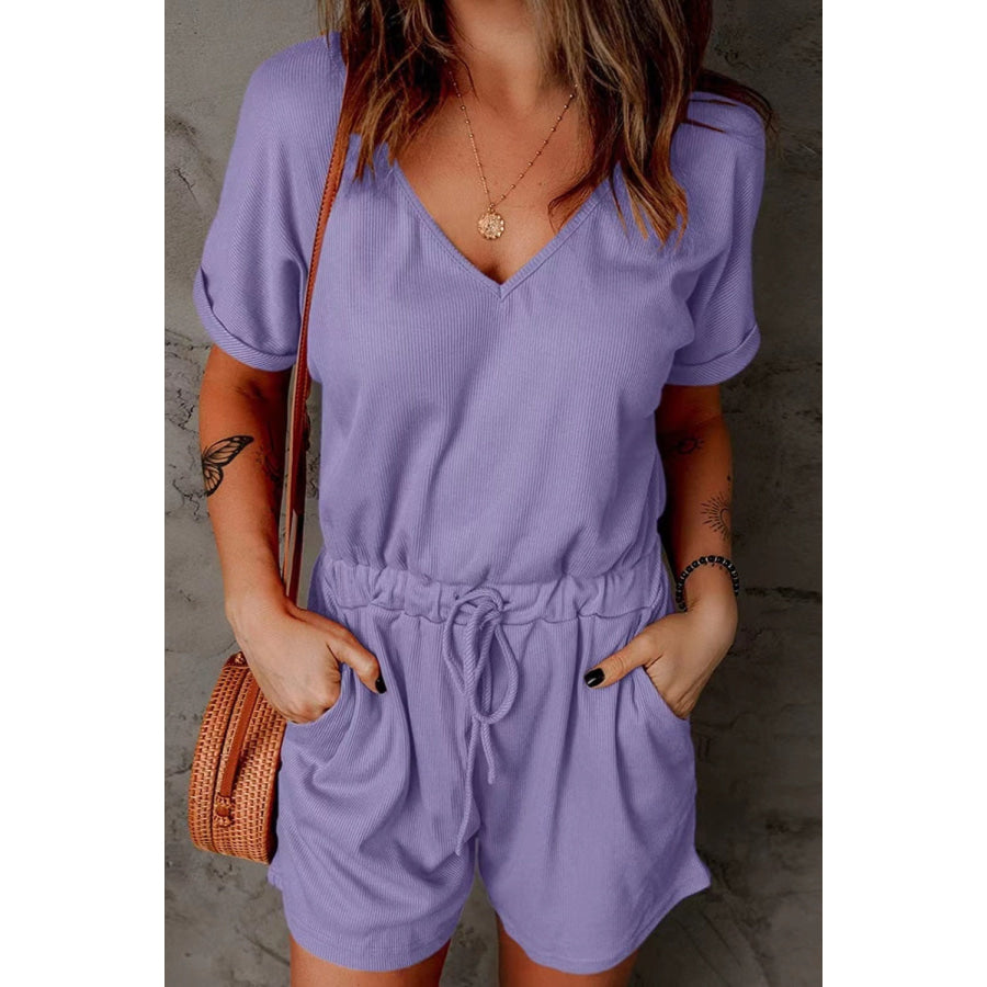 Full Size Drawstring V-Neck Short Sleeve Romper Lavender / S Apparel and Accessories