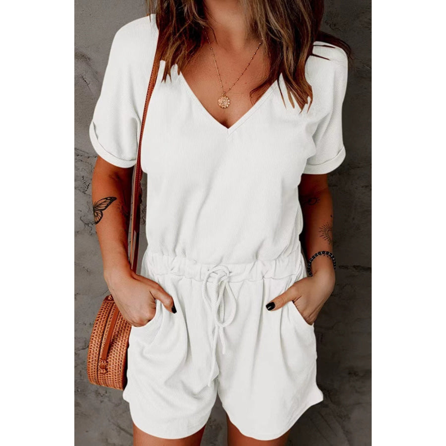 Full Size Drawstring V-Neck Short Sleeve Romper White / S Apparel and Accessories