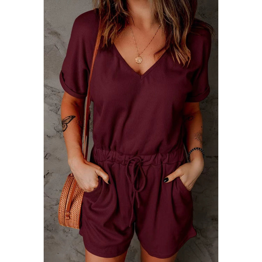 Full Size Drawstring V-Neck Short Sleeve Romper Wine / S Apparel and Accessories