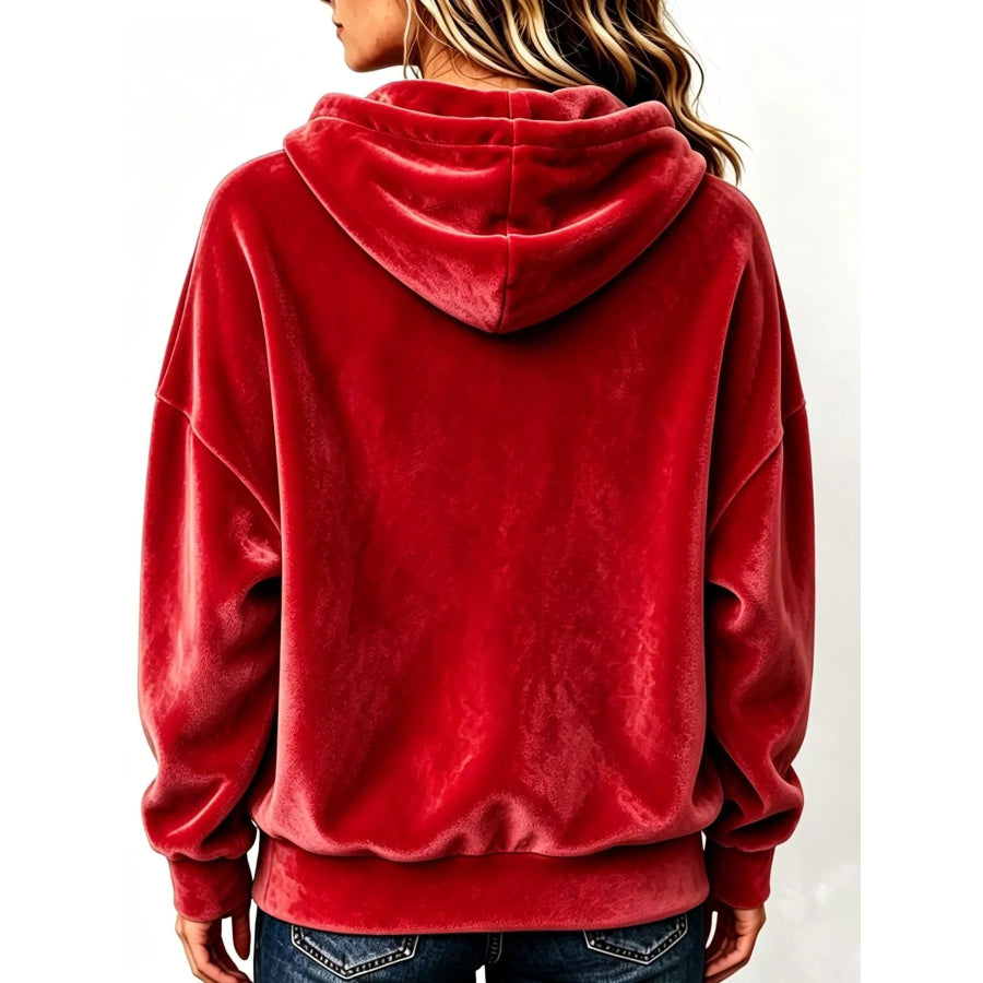 Full Size Drawstring Velvet Long Sleeve Hoodie Plus Size Apparel and Accessories