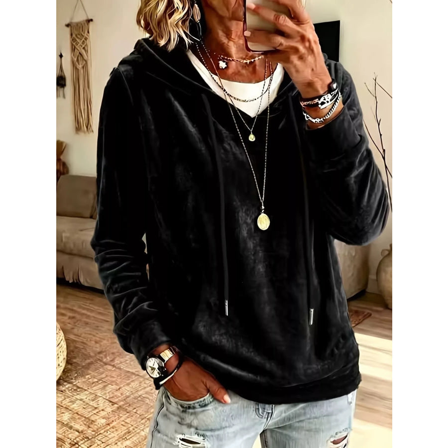 Full Size Drawstring Velvet Long Sleeve Hoodie Plus Size Black / S Apparel and Accessories