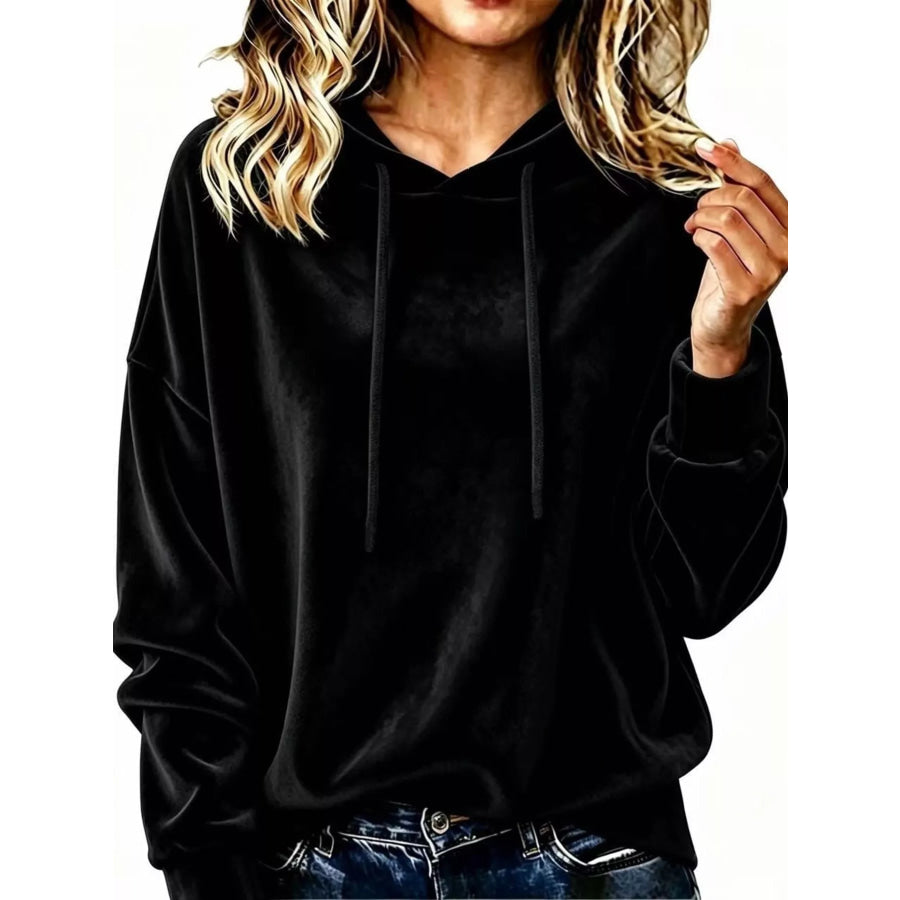 Full Size Drawstring Velvet Long Sleeve Hoodie Plus Size Black / S Apparel and Accessories