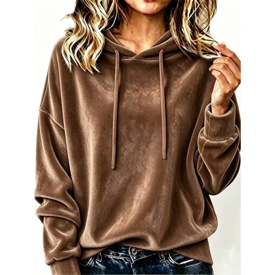 Full Size Drawstring Velvet Long Sleeve Hoodie Plus Size Brown / S Apparel and Accessories