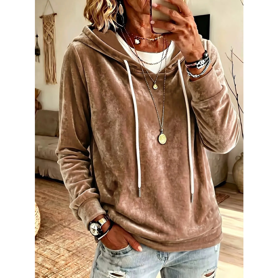 Full Size Drawstring Velvet Long Sleeve Hoodie Plus Size Brown / S Apparel and Accessories