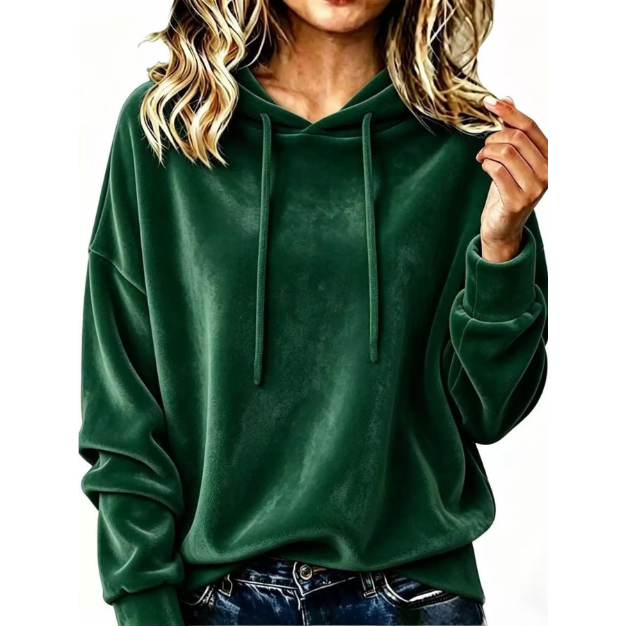 Full Size Drawstring Velvet Long Sleeve Hoodie Plus Size Dark Green / S Apparel and Accessories
