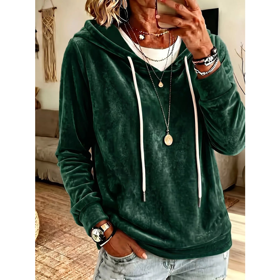 Full Size Drawstring Velvet Long Sleeve Hoodie Plus Size Green / S Apparel and Accessories