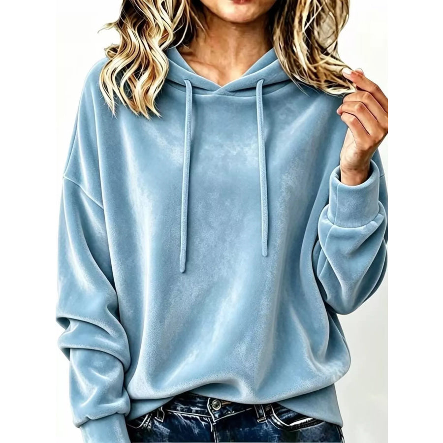Full Size Drawstring Velvet Long Sleeve Hoodie Plus Size Light Blue / S Apparel and Accessories