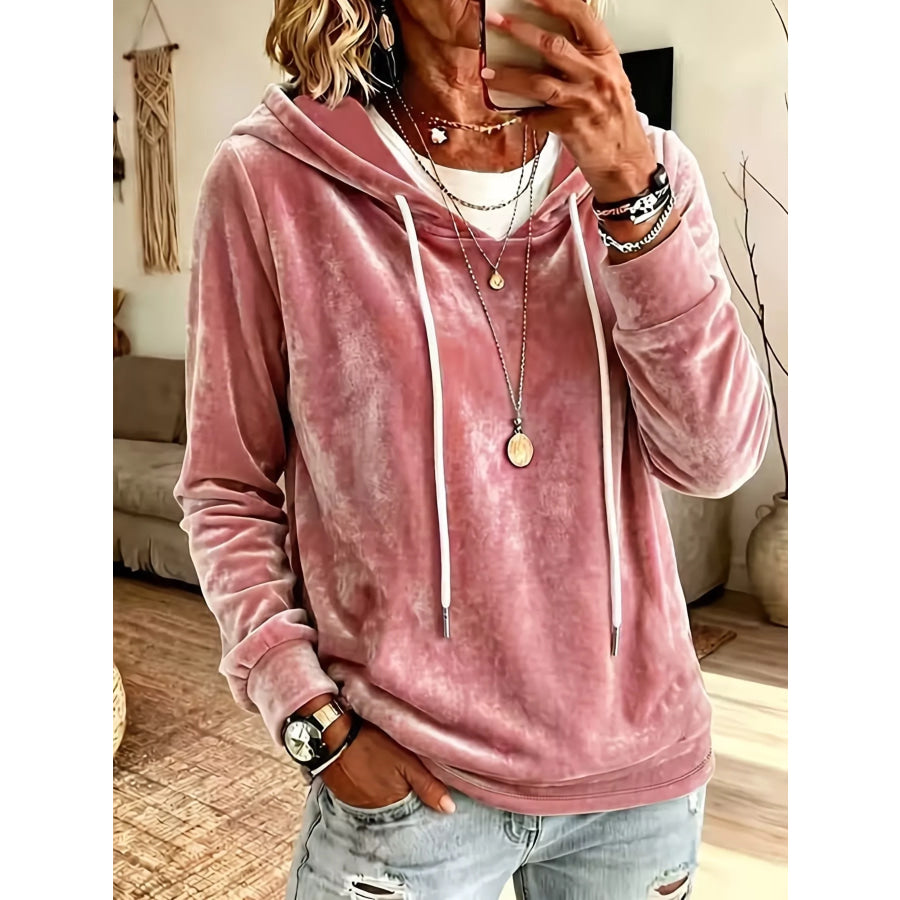 Full Size Drawstring Velvet Long Sleeve Hoodie Plus Size Pink / S Apparel and Accessories