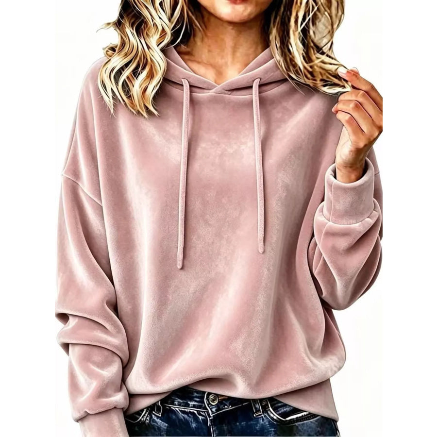 Full Size Drawstring Velvet Long Sleeve Hoodie Plus Size Pink / S Apparel and Accessories