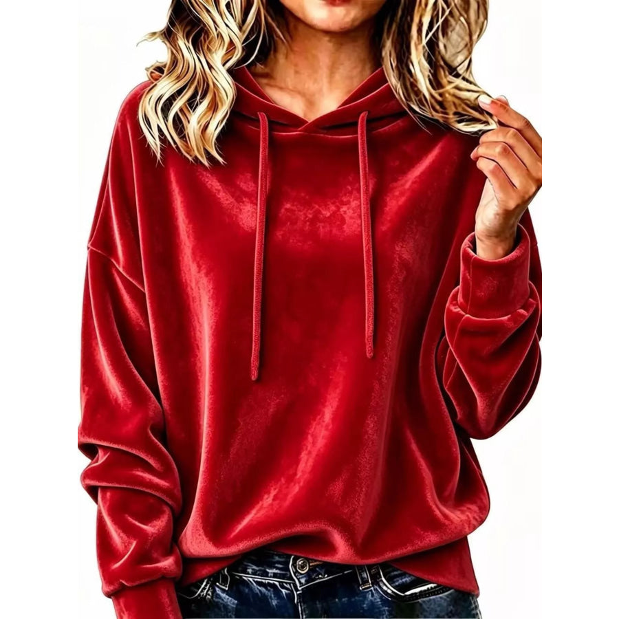 Full Size Drawstring Velvet Long Sleeve Hoodie Plus Size Red / S Apparel and Accessories