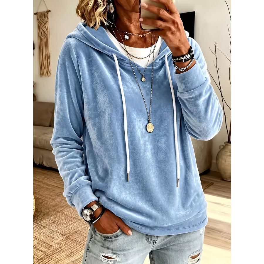 Full Size Drawstring Velvet Long Sleeve Hoodie Plus Size Sky Blue / S Apparel and Accessories