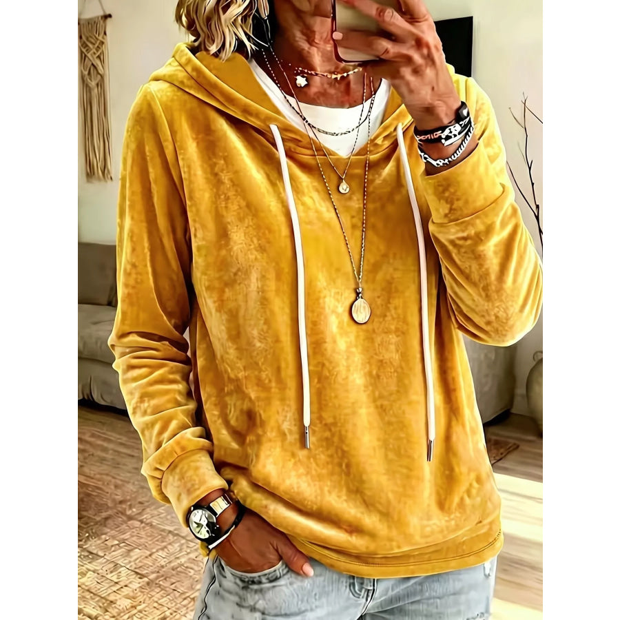 Full Size Drawstring Velvet Long Sleeve Hoodie Plus Size Yellow / S Apparel and Accessories