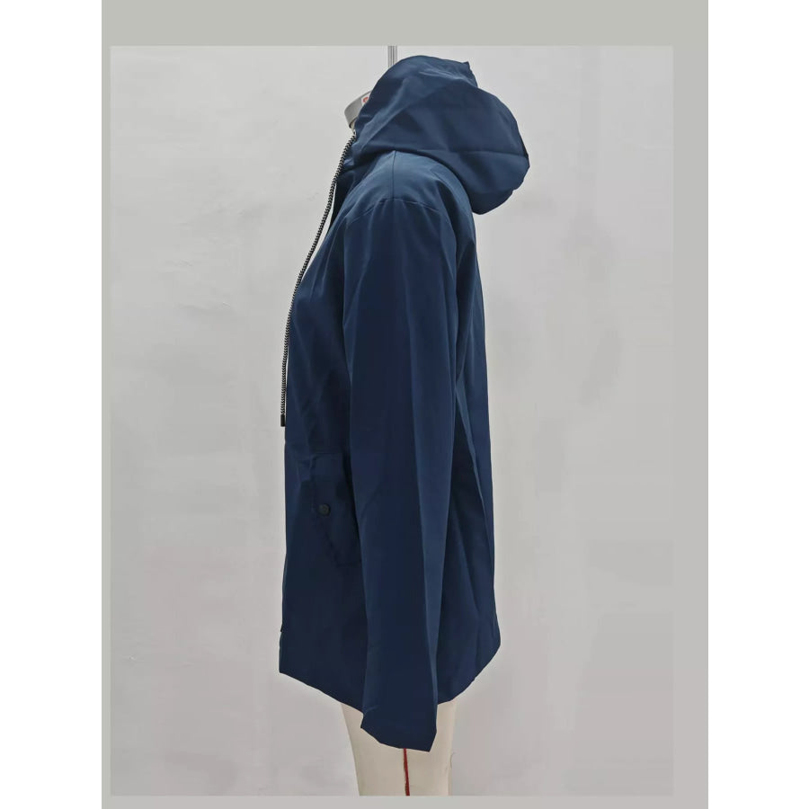 Full Size Drawstring Waterproof Hooded Outerwear Plus Navy Blue / S Apparel and Accessories