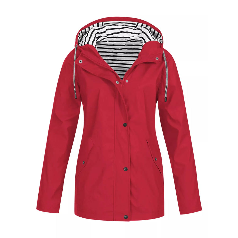 Full Size Drawstring Waterproof Hooded Outerwear Plus Red / S Apparel and Accessories