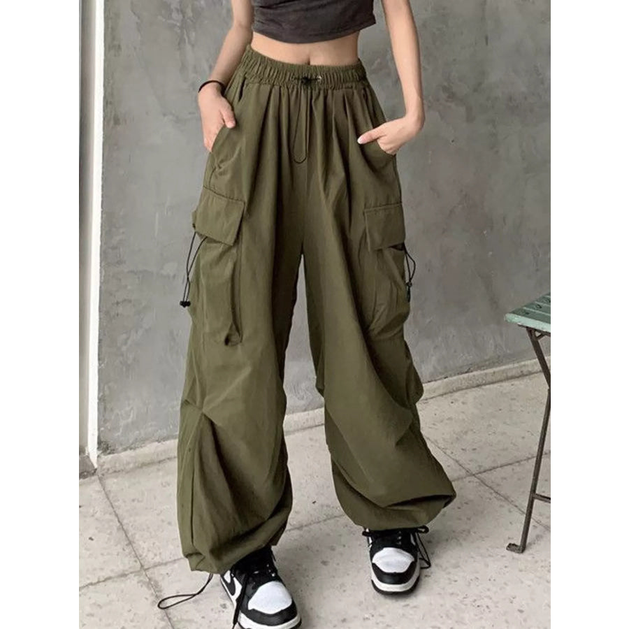 Full Size Drawstring Wide Leg Cargo Pants Plus Apparel and Accessories