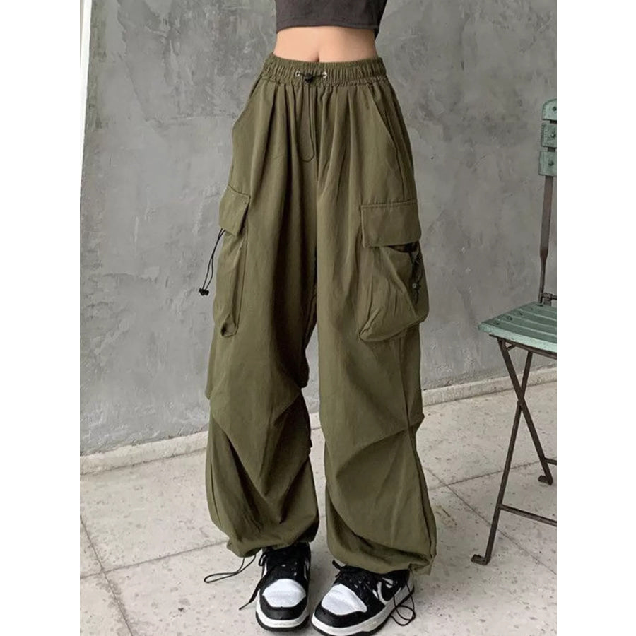 Full Size Drawstring Wide Leg Cargo Pants Plus Army Green / S Apparel and Accessories