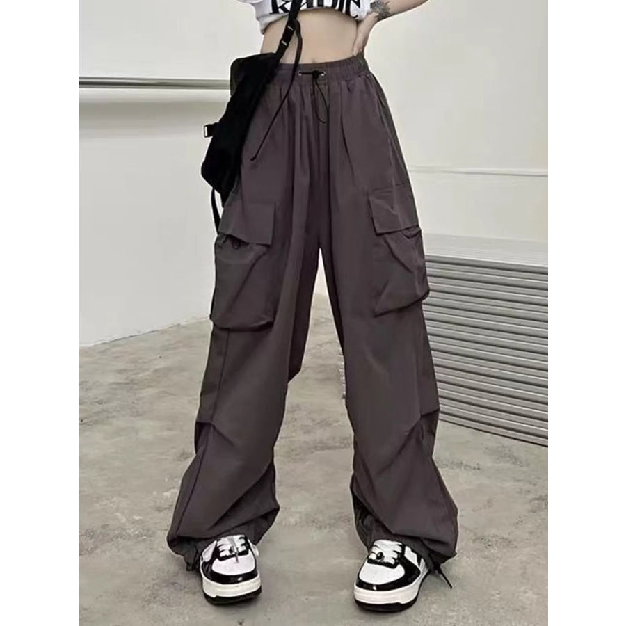Full Size Drawstring Wide Leg Cargo Pants Plus Gray / S Apparel and Accessories