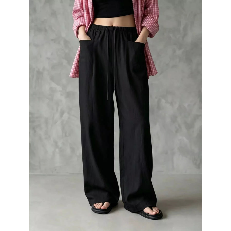 Full Size Drawstring Wide-Leg Casual Pants Plus Black / S Apparel and Accessories